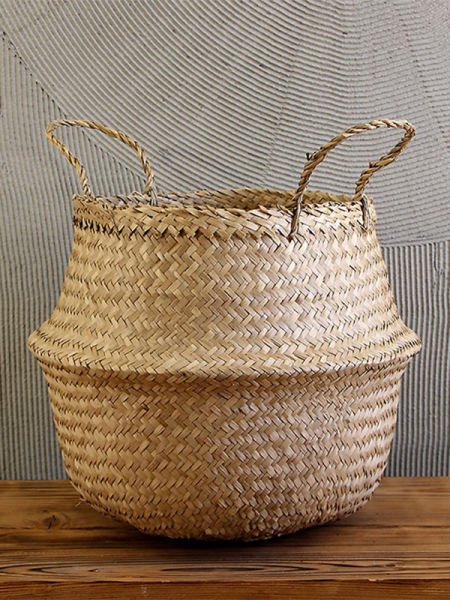 Bahçem Natural Katlanabilir Hasır Sepet Saksılık 24x28cm