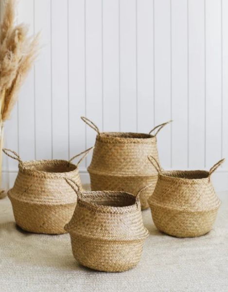 Bahçem Natural Katlanabilir Hasır Sepet Saksılık 28x30cm
