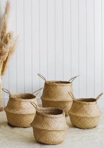 Bahçem Natural Katlanabilir Hasır Sepet Saksılık 14X20X18cm