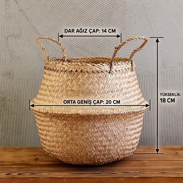 Bahçem Natural Katlanabilir Hasır Sepet Saksılık 14X20X18cm