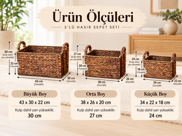 Bahçem Dekoratif Water Hyacinth / Su Sümbülü Dikdörtgen Kulplu Sepet Kızıl Kahve 3'lü Takım Set