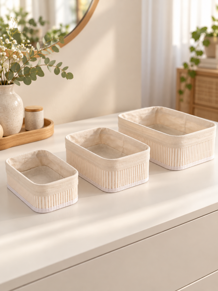 Bahçem Bambu Sepet Çok Amaçlı Organizer Beyaz Dikdörtgen 3'lü Set