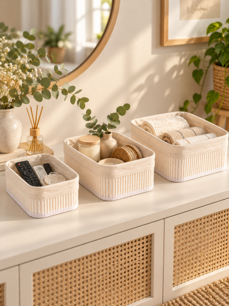 Bahçem Bambu Sepet Çok Amaçlı Organizer Beyaz Dikdörtgen 3'lü Set