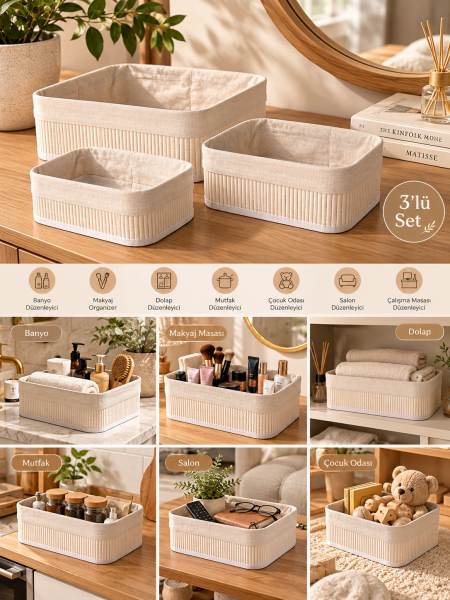 Bahçem Bambu Sepet Çok Amaçlı Organizer Beyaz Dikdörtgen 3'lü Set
