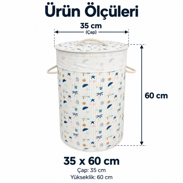 Bahçem Bambu Kirli Çamaşır Sepeti,Oyuncak Sepeti,Organizer Yuvarlak Beyaz Desenli 35x60cm