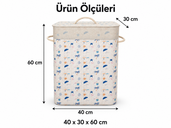 Bahçem Bambu Kirli Çamaşır Sepeti,Oyuncak Sepeti,Organizer Dikdörtgen Beyaz Desenli 40x30x60cm