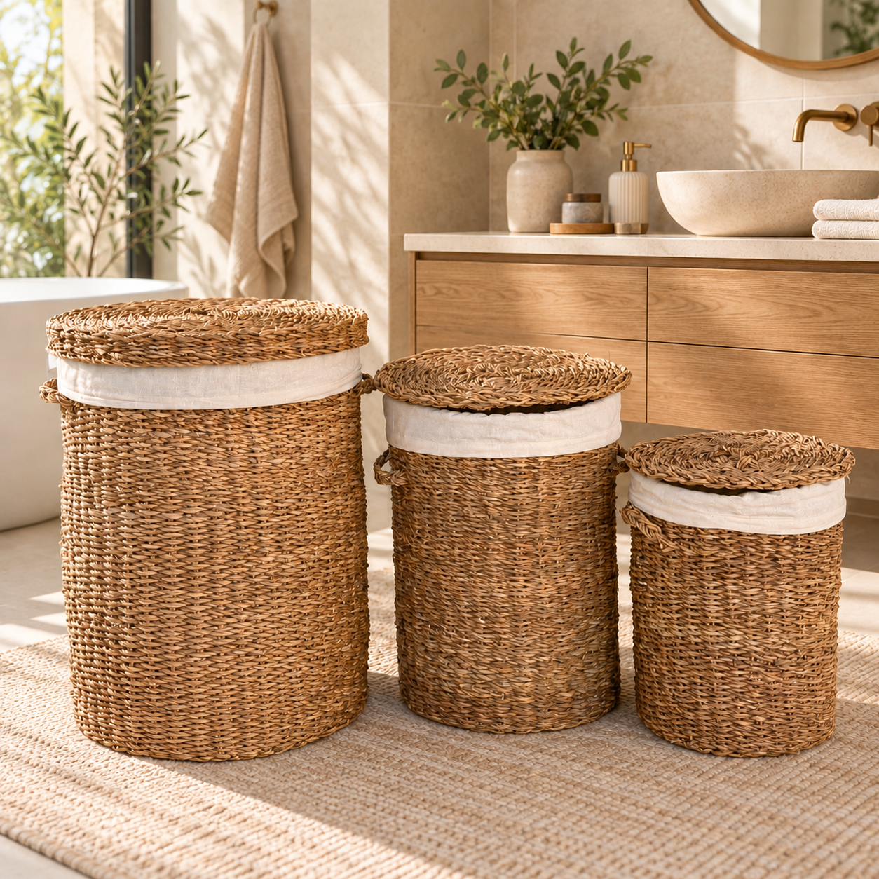 Bahçem Dekoratif Natural Renk Yuvarlak Seagrass İç Astarlı Kapaklı Yuvarlak Hasır Sepet 3'lü Set