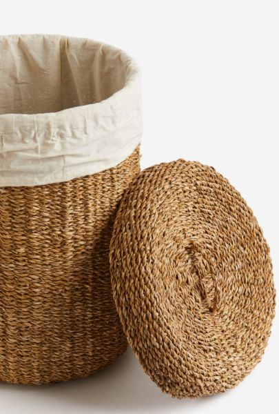 Bahçem Dekoratif Natural Renk Yuvarlak Seagrass İç Astarlı Kapaklı Yuvarlak Hasır Sepet 3'lü Set