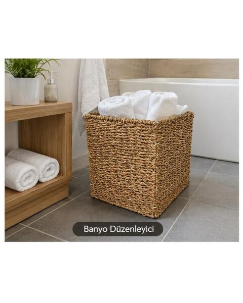 Bahçem Dekoratif Katlanır Kare Hasır Seagrass Saklama/Depolama Sepeti/Düzenleyici 32x32cm 1 Adet