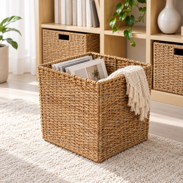 Bahçem Dekoratif Katlanabilir Hasır Kare Sepet 32x32x32 cm – Raf Dolap Oyuncak Organizer ve Saklama Sepeti