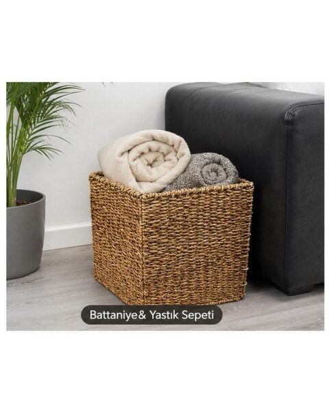 Bahçem Dekoratif Katlanır Kare Hasır Seagrass Saklama/Depolama Sepeti/Düzenleyici 32x32cm 1 Adet
