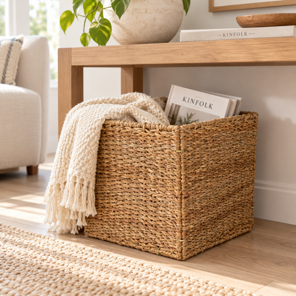Bahçem Dekoratif Katlanabilir Hasır Kare Sepet 32x32x32 cm – Raf Dolap Oyuncak Organizer ve Saklama Sepeti