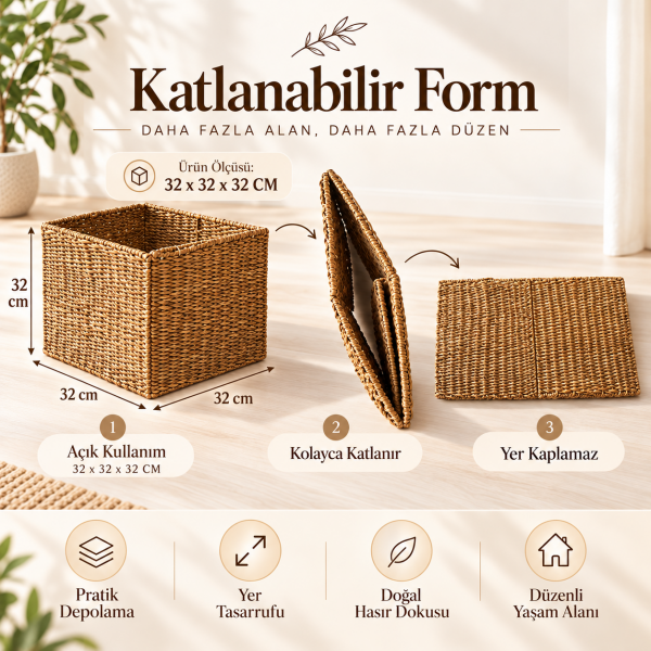 Bahçem Dekoratif Katlanabilir Hasır Kare Sepet 32x32x32 cm – Raf Dolap Oyuncak Organizer ve Saklama Sepeti