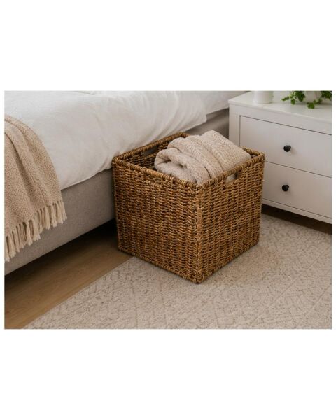 Bahçem Dekoratif Katlanır Kare Hasır Seagrass Saklama/Depolama Sepeti/Düzenleyici 32x32cm 1 Adet