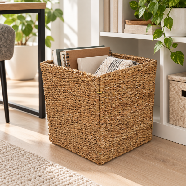 Bahçem Dekoratif Katlanabilir Hasır Kare Sepet 32x32x32 cm – Raf Dolap Oyuncak Organizer ve Saklama Sepeti
