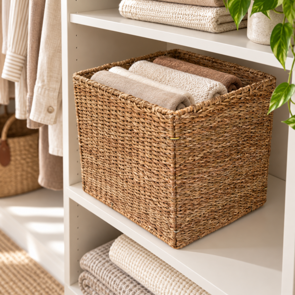 Bahçem Dekoratif Katlanabilir Hasır Kare Sepet 32x32x32 cm – Raf Dolap Oyuncak Organizer ve Saklama Sepeti