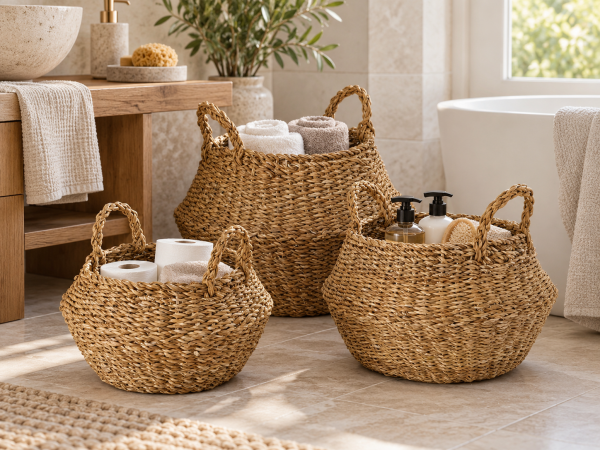 Bahçem Dekoratif Natural Renk Yuvarlak Seagrass Hasır Saksı/Sepet/Organizer 3'lü Set
