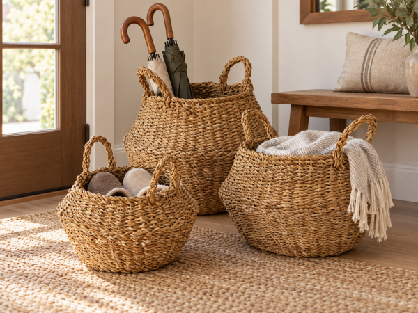 Bahçem Dekoratif Natural Renk Yuvarlak Seagrass Hasır Saksı/Sepet/Organizer 3'lü Set