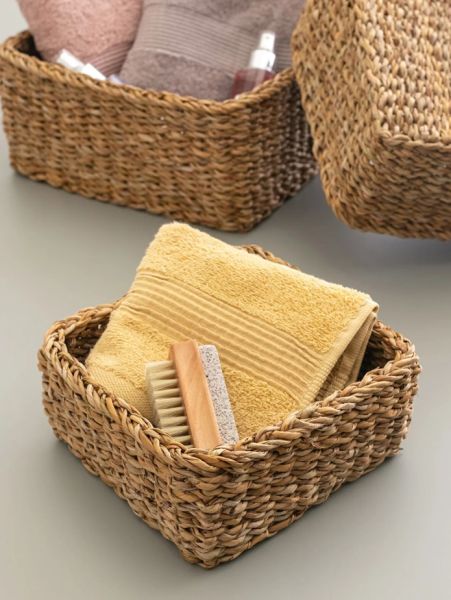 Bahçem Dekoratif Natural Renk Seagrass Dikdörtgen Hasır Sepet Düzenleyici 3'lü Set