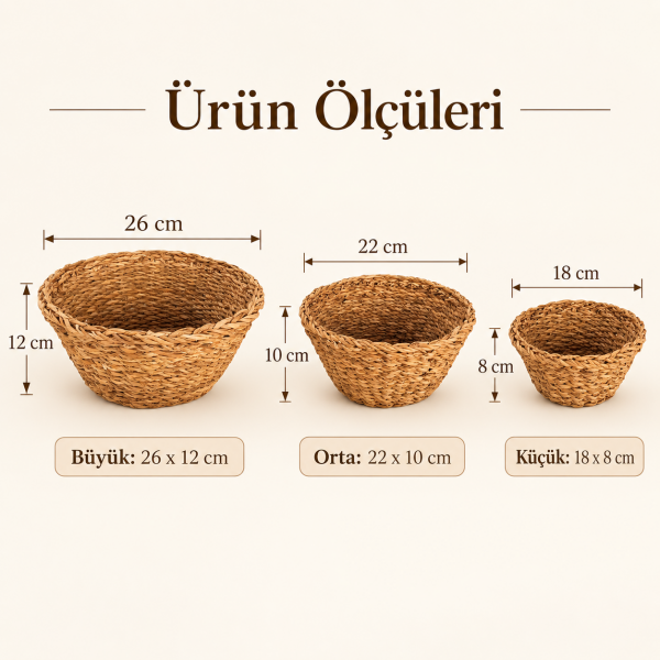 Bahçem Dekoratif Natural Renk Yuvarlak Seagrass Hasır Sepet 3'lü