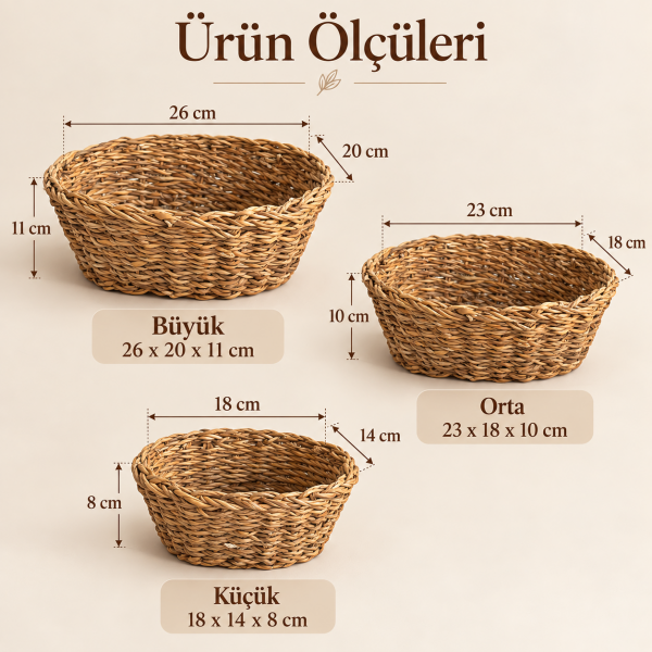 Bahçem Dekoratif Düzenleyici Natural Renk Elips Seagrass Hasır Sepet 3'lü