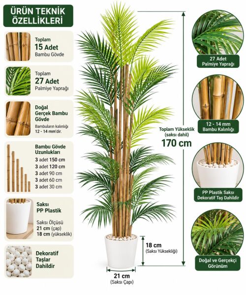 Bahçem 170 cm Yapay Palmiye Ağacı – 15 Doğal Bambu Gövdeli, Saksılı Dekoratif Yapay Ağaç