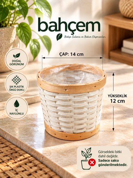 Dekoratif Saksı İç Naylonlu Plastik Örgü Saksı Beyaz Doğal Görünümlü 14x12 cm