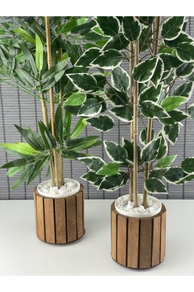 Bahçem Yapay Bambu Ağacı Ahşap Saksılı 80cm-yapay Benjamin Ağacı Ahşap Saksılı 80cm 2 Adet