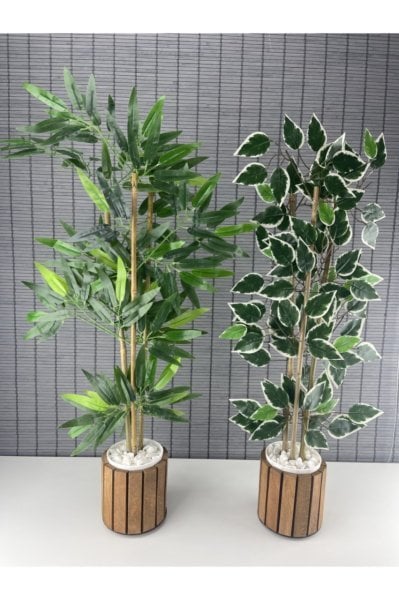Bahçem Yapay Bambu Ağacı Ahşap Saksılı 80cm-yapay Benjamin Ağacı Ahşap Saksılı 80cm 2 Adet