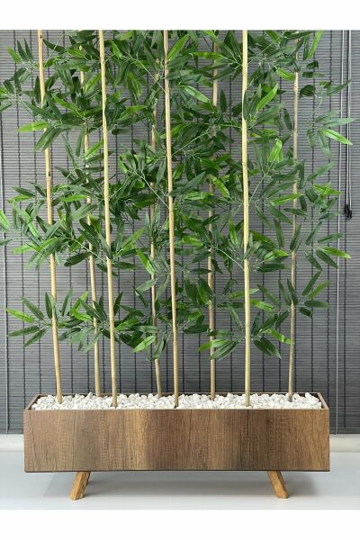 Bahçem Ahşap Saksılı 80cm Ayaklı Dikdörtgen Model Yapay Yapraklı Dekoratif Bambu Seperatör 150cm 8 Gövde