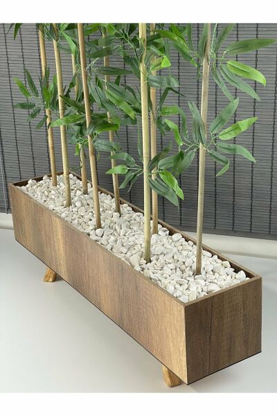 Bahçem Ahşap Saksılı 80cm Ayaklı Dikdörtgen Model Yapay Yapraklı Dekoratif Bambu Seperatör 150cm 8 Gövde