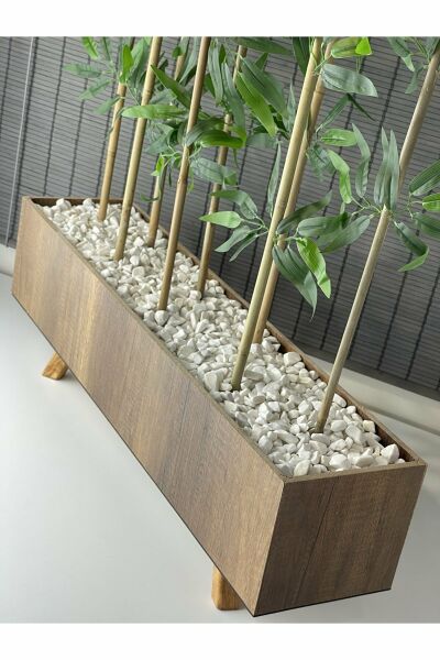 Bahçem Ahşap Saksılı 80cm Ayaklı Dikdörtgen Model Yapay Yapraklı Dekoratif Bambu Seperatör 150cm 8 Gövde