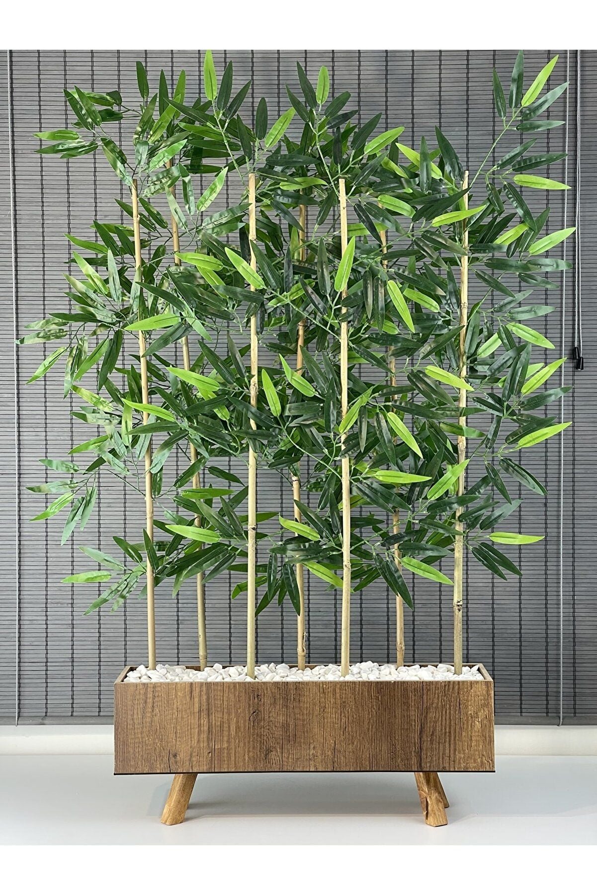 Bahçem Ahşap Saksılı 60cm Ayaklı Dikdörtgen Model Yapay Yapraklı Dekoratif Bambu Seperatör 125cm 7 Gövde