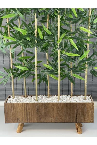 Bahçem Ahşap Saksılı 60cm Ayaklı Dikdörtgen Model Yapay Yapraklı Dekoratif Bambu Seperatör 125cm 7 Gövde