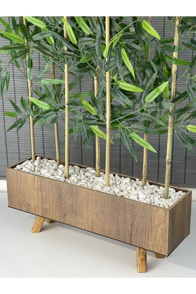 Bahçem Ahşap Saksılı 60cm Ayaklı Dikdörtgen Model Yapay Yapraklı Dekoratif Bambu Seperatör 125cm 7 Gövde