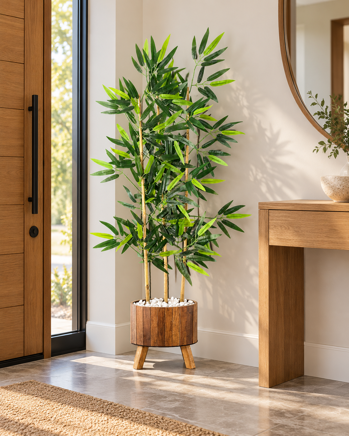 Bahçem Ahşap Saksılı Ayaklı Elips Model Yapay Yoğun Yapraklı Dekoratif Bambu Ağacı 125cm 3 Gövde