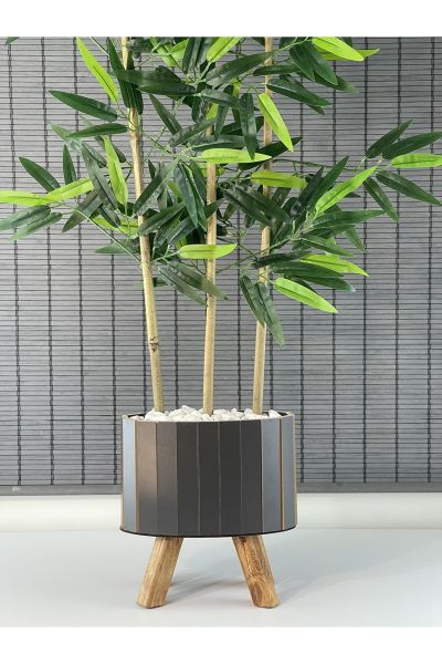 Bahçem Ahşap Saksılı Ayaklı Elips Model Yapay Yoğun Yapraklı Dekoratif Bambu Ağacı 125cm 3 Gövde