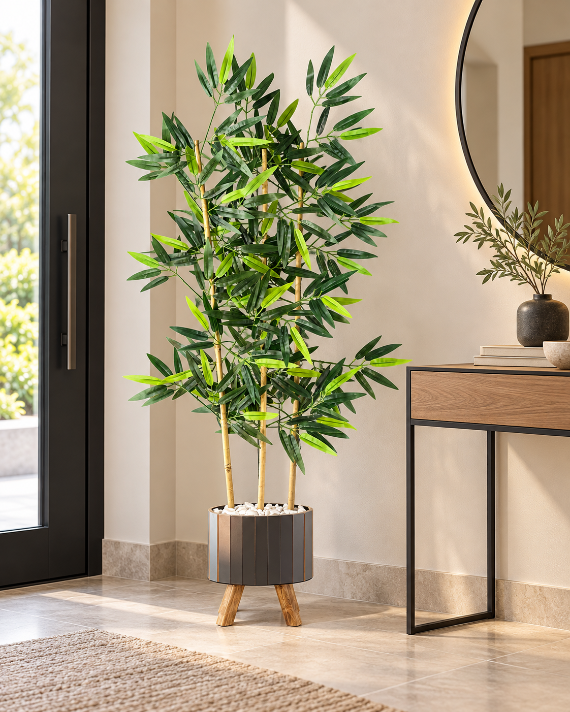 Bahçem Ahşap Saksılı Ayaklı Elips Model Yapay Yoğun Yapraklı Dekoratif Bambu Ağacı 125cm 3 Gövde