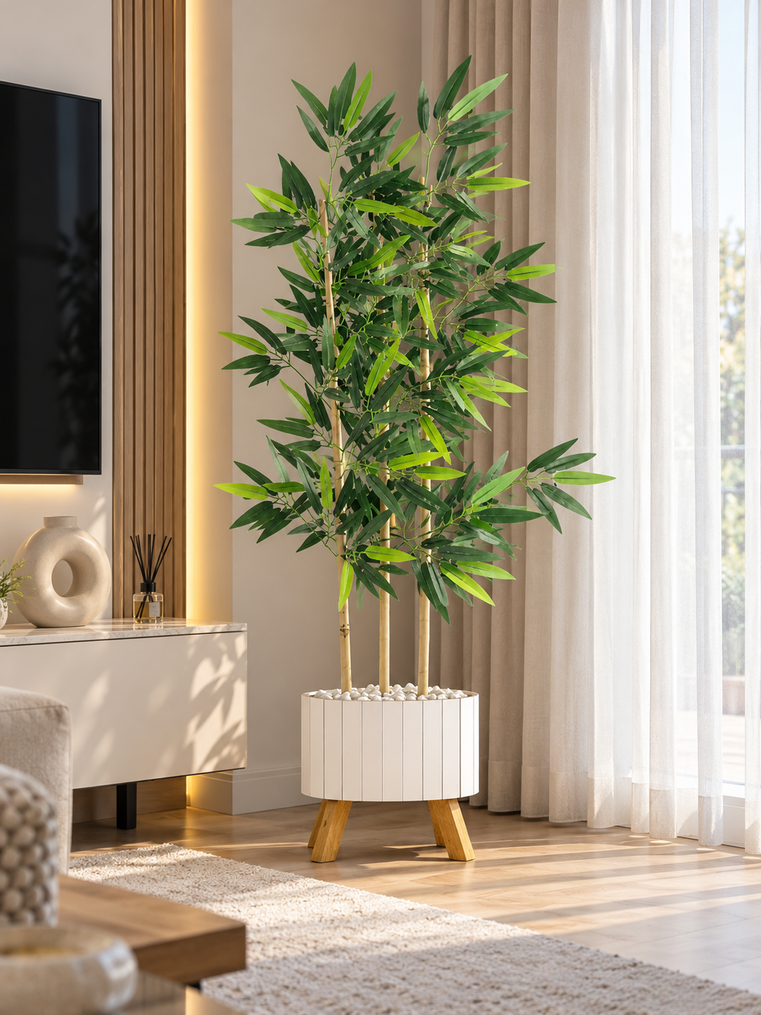 Bahçem Ahşap Saksılı Ayaklı Elips Model Yapay Yoğun Yapraklı Dekoratif Bambu Ağacı 125cm 3 Gövde