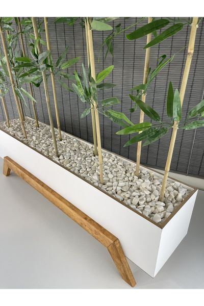 Ahşap 1 Mt Saksılı 10 Gövde Modern Ayaklı Dikdörtgen Yapay Yapraklı Dekoratif Bambu Seperatör 180 cm