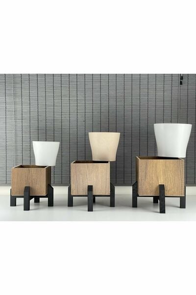 Dekoratif Stand Siyah Ayaklı Kare Model Ahşap Saksı Seti 3'lü İç Saksılı