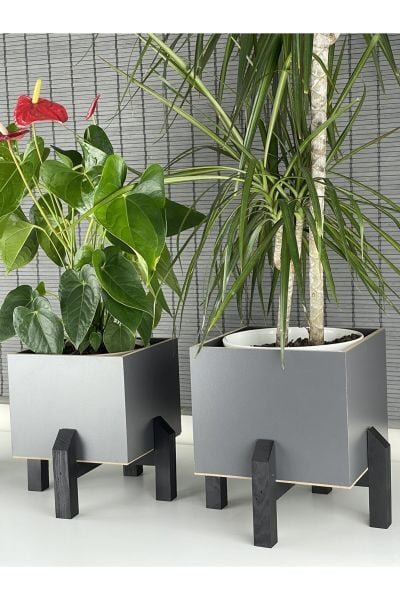 Dekoratif Stand Siyah Ayaklı Model Ahşap Saksı Seti 3'lü İç Saksılı