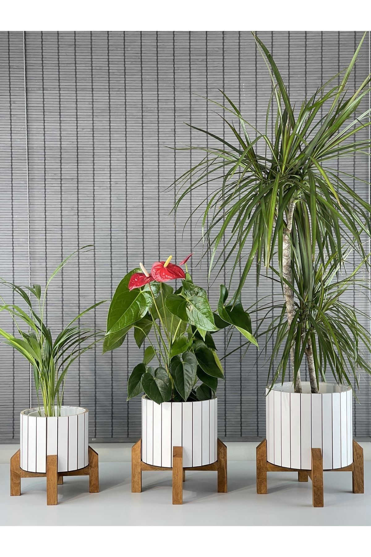 Dekoratif Stand Ahşap Ayaklı Model Yuvarlak Ahşap Saksı Seti 3'lü İç Saksılı