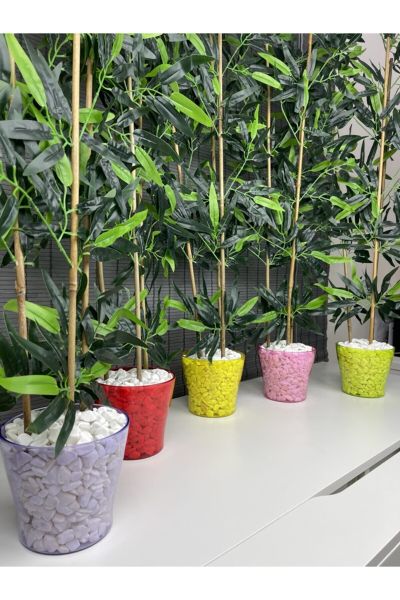 Yapay Yoğun Yapraklı Dekoratif Bambu Ağacı 1.Kalite Renkli Cameks Saksılı 3 Gövde 110cm