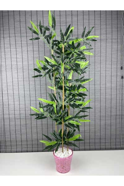 Yapay Yoğun Yapraklı Dekoratif Bambu Ağacı 1.Kalite Renkli Cameks Saksılı 3 Gövde 110cm