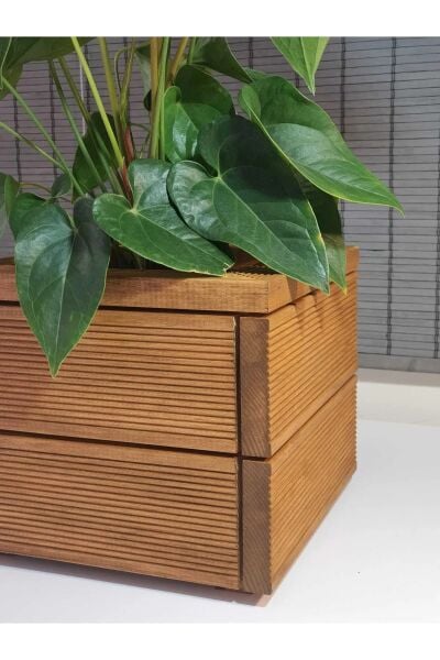 Dekoratif Kare  Ahşap Saksı 25x21cm 1.Sınıf İthal Çam Teak İç Saksılı